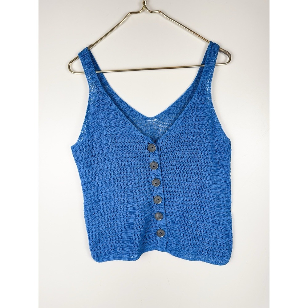 Cobalt Blue Crochet Knit Tank Top Button Front V-Neck Summer Vest Cami